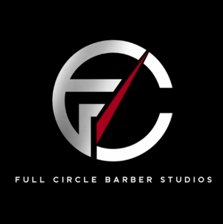 Full Circle Barber Studios, silver FC monogram with a red diagonal